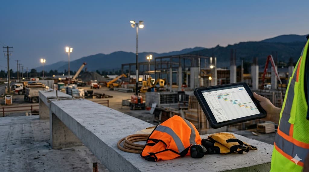 Construction site at dusk with a tablet showing a project schedule and safety gear in the foreground.